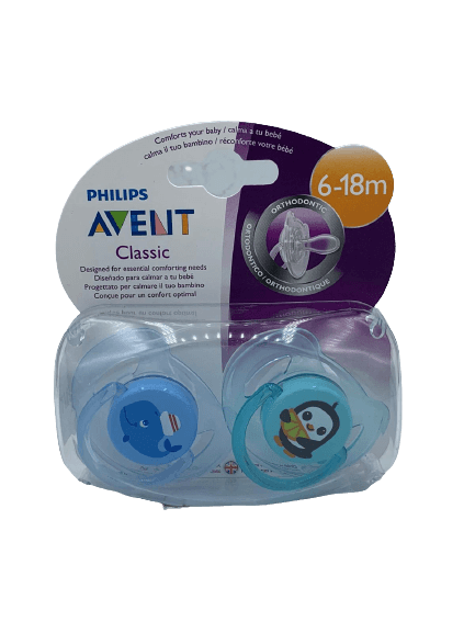 זוג מוצצי סיליקון אורטודונטיים Philips Avent לתינוקות בגיל 6-18 חודשים. עשויים חומר רך, בעיצוב פינגווין ולוויתן עם מכסה לפטמה.