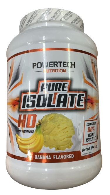 תוסף חלבון Pure Isolate HD של Powertech Nutrition, אבקת חלבון מי גבינה מבודד בטעם בננה, בסך של 1.5 קילוגרם (98% חלבון).