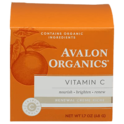 קרם פנים עם ויטמין C של Avalon Organics בקופסה כתומה, 48 גרם. מועשר בלחות ונוגדי חמצון לטיפול ורענון העור.