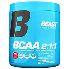 אבקת BCAA 2:1:1 של Beast Sports Nutrition באריזת טורקיז, עם לוגו באדום באות B. מכילה 30 מנות של חומצות אמינו מסועפות שרשרת (5 גרם למנה), מיועדת לספורטאים לבניית מסת שריר. על האריזת המוצר כתוב: 'Build Muscle Like a Beast'.