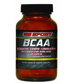 בקבוק תוסף תזונה BCAA משטר GS Sport, מכיל 90 כמוסות צמחיות עם חומצות אמינו L-Leucine, L-Valine, L-Isoleucine וויטמין B6.