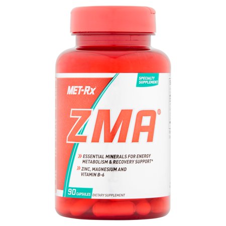 קופסה של תוסף ZMA מ-MET-Rx מכילה 90 קפסולות של אבץ, מגנזיום וויטמין B6, לתמיכה במטבוליזם ואנרגיה.