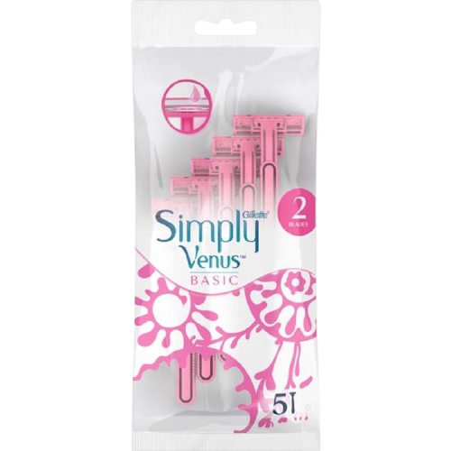 סכיני גילוח לנשים Gillette Simply Venus, אריזת 5 יחידות עם שני להבים לכל סכין, עיצוב צבעוני עם דוגמת פרחים.