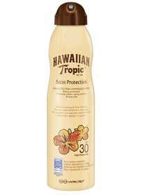 תרסיס הגנה מהשמש של Hawaiian Tropic, SPF 30, עמיד במים, עם תמציות שמנים טבעיים וריח קוקוס. אריזתו צבעונית עם פיית ריסוס.