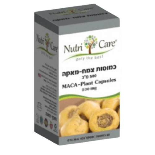 קופסה של כמוסות צמח מאקה (MACA) מבית המותג Nutri Care. קופסה זו מכילה 60 כמוסות במשקל 500 מ