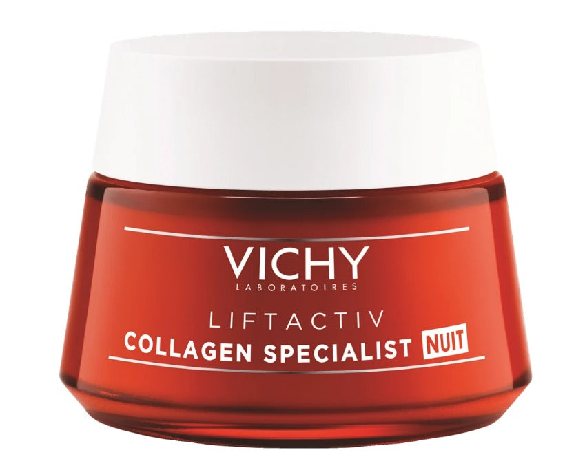 קרם פנים LIFTACTIV COLLAGEN SPECIALIST NUIT של Vichy, מיועד לשימוש בלילה, תומך בייצור הקולגן וממצק את עור הפנים.