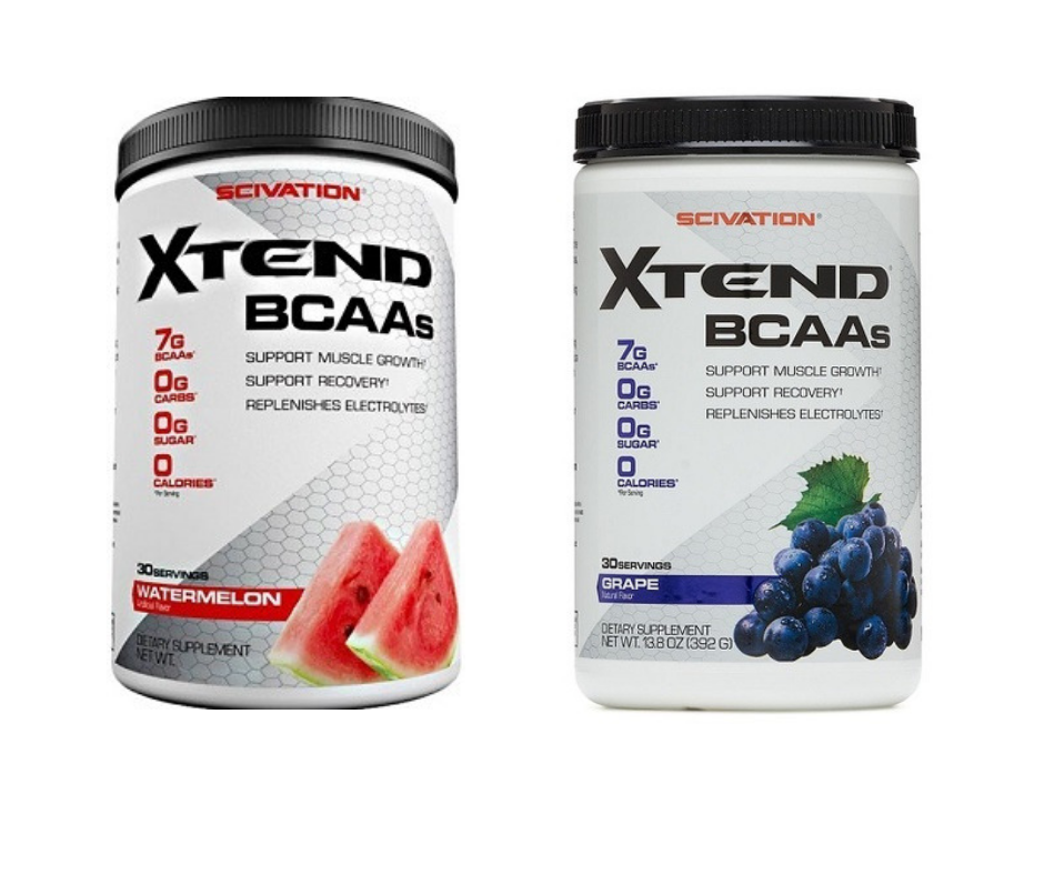 BCAA של Scivation: קופסה בטעם אבטיח וקופסה בטעם ענבים, כל אחת עם 7 גרם BCAAs, 0 קלוריות ו-30 מנות.