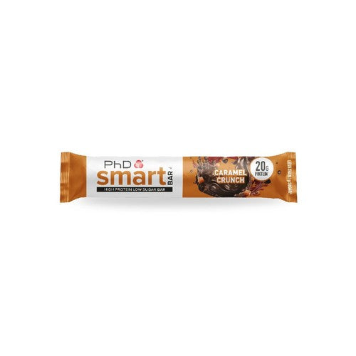 חטיף חלבון PhD Smart Bar בטעם קראנץ' קרמל, עם 20 גרם חלבון וסוכר נמוך, מושלם לפיתוח גוף ולספורטאים.