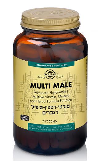 בקבוק של תוסף תזונה MULTI MALE המיוצר על ידי המותג SOLGAR.