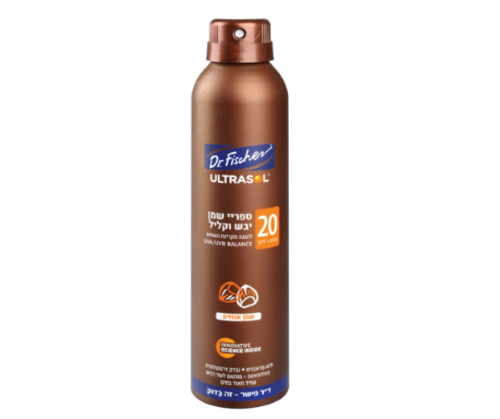 תרסיס הגנה משמש Dr. Fischer SPF 20, מתאים לעור רגיש ויבש, עמיד במים, טכנולוגיית UVA/UVB Balance, לחות ל-24 שעות.