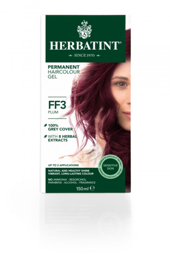 קופסת צבע שיער קבוע מבית HERBATINT, בגוון FF3 Plum (סגול), מכילה 150 מ