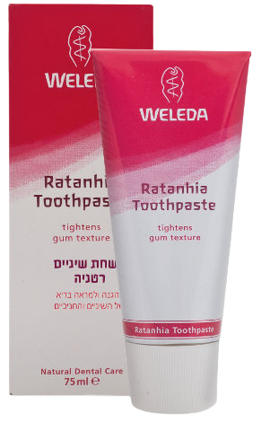 משחת שיניים Ratanhia של Weleda באריזת קרטון עם שפופרת מתכת, כמות 75 מ