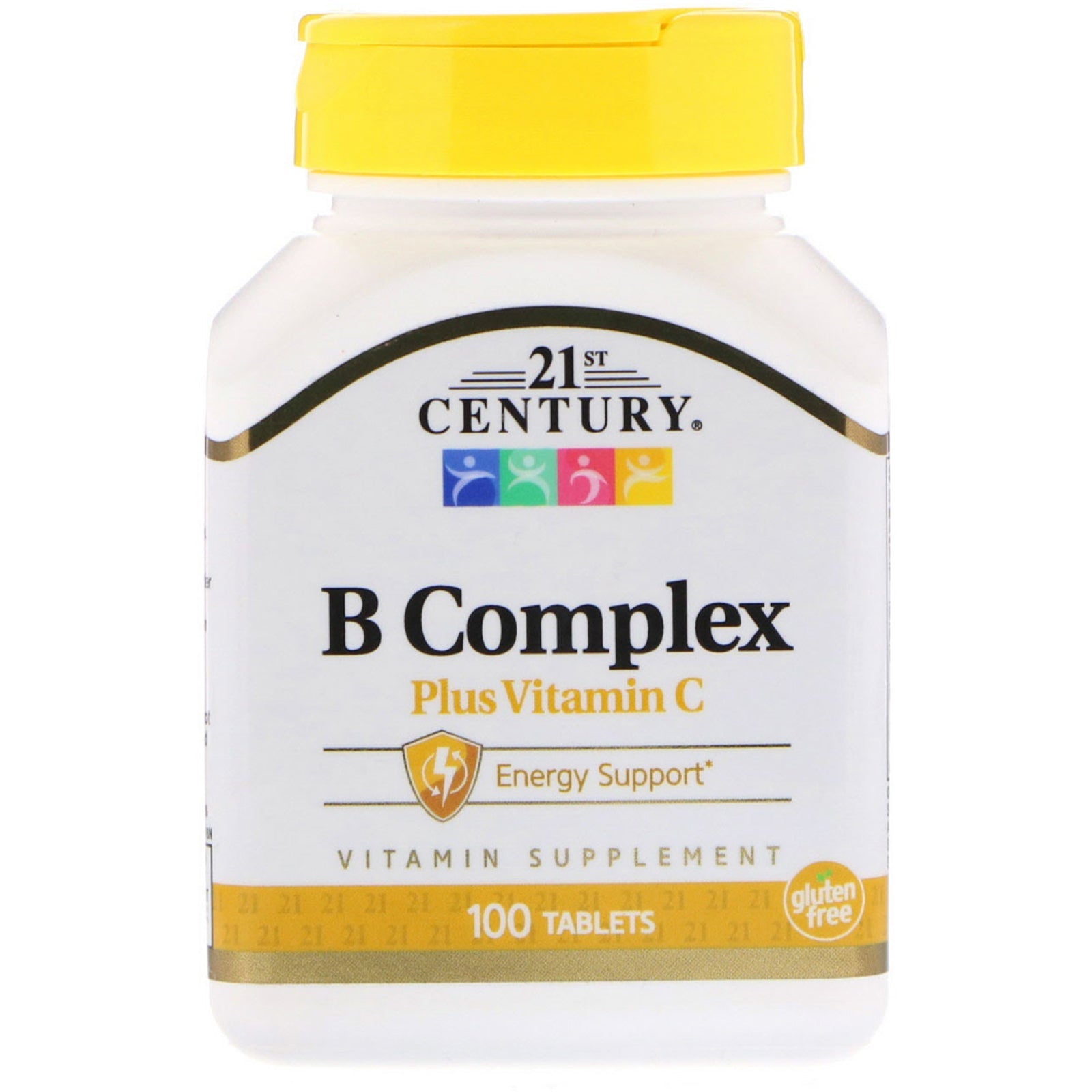 תוסף תזונה 'B Complex Plus Vitamin C' מ-21st Century, מכיל 100 טבליות, תומך באנרגיה וללא גלוטן.