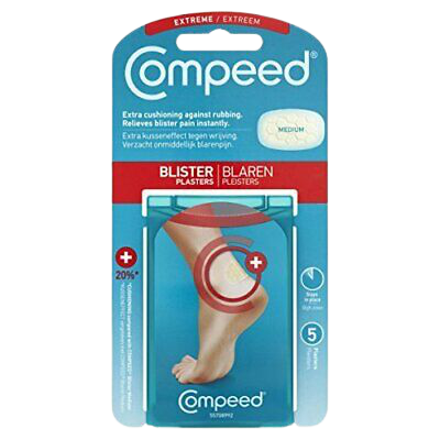 פלסטרים לשלפוחיות Compeed להקלה מיידית בכאב, מכילים 5 יחידות, מפחיתים חיכוך ומספקים ריפוד לפצעים.