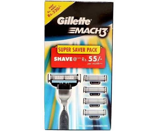 מארז גילוח של המותג Gillette המכיל מכונת גילוח מדגם Mach3 עם שלושה סכינים.