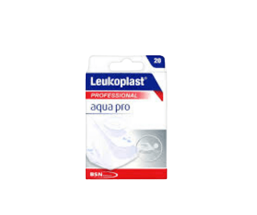 תחבושת רפואית AQUA PRO של Leukoplast, עמידה במים, מגנה מפני חיידקים. קופסה אחת מכילה 20 יחידות.