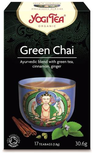 קופסה של תה צמחים בשם 'Green Chai' המיוצרת על ידי Yogi Tea