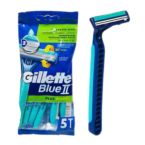 מכונת גילוח של ג'ילט מדגם Gillette Blue II Plus Pivot, מארז של 5 יחידות. עיצוב בצבעים כחול וירוק עם ידית ארגונומית. להב כפול לביצוע גילוח חלק ונעים.