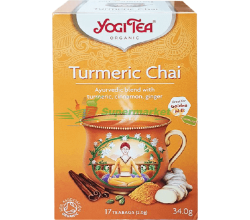 קופסה של תה 'Turmeric Chai' מהמותג Yogi Tea