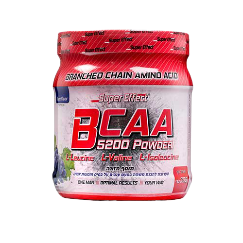 אבקת BCAA Super Effect 5200 לשיקום שרירים, מכילה L-Leucine, L-Valine, L-Isoleucine, במשקל 300 גרם, כשר.