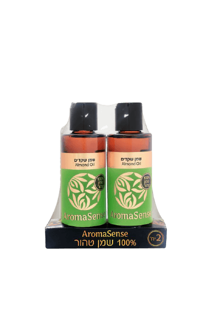 שמן שקדים אורגני של Aroma Sense באריזת זוג, מושלם לעור יבש ולמטרות עיסוי, מכיל 100% טהור ומזין.