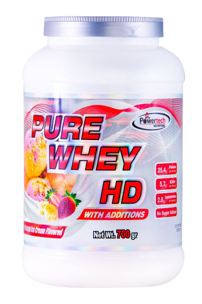 אבקת חלבון Pure Whey HD בטעם תות בננה, 700 גרם פווארטק, מכילה 25.4 גרם חלבון למנת הגשה. ללא סוכר נוסף.