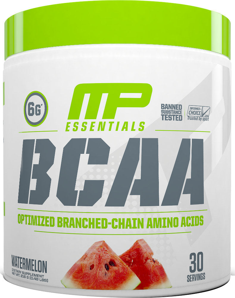 קופסה אחת של תוסף תזונה BCAA מ-MusclePharm, Geschmack אבטיח, מכילה 30 מנות, עם 6 גרם חומצות אמינו לכל מנה. מיועדת להתאוששות ובניית שרירים.