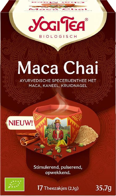 Maca Chai תה אורגני בקופסה אחת, מכילה 17 שקיקים. האריזות מציגות דמות מסורתית עם קישוטים אתניים.