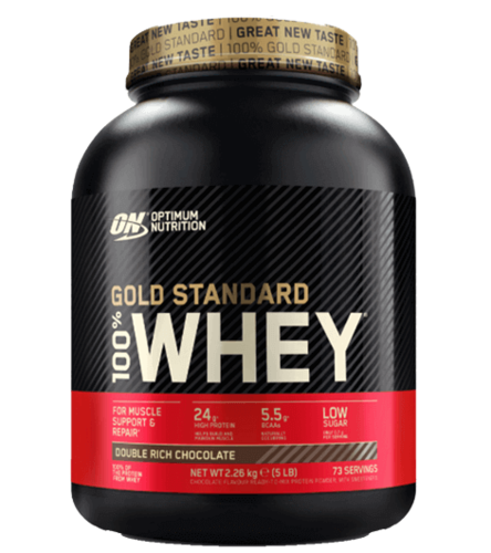 אבקת חלבון מהמותג Optimum Nutrition, Gold Standard 100% Whey, בטעם שוקולד דאבל ריץ'.