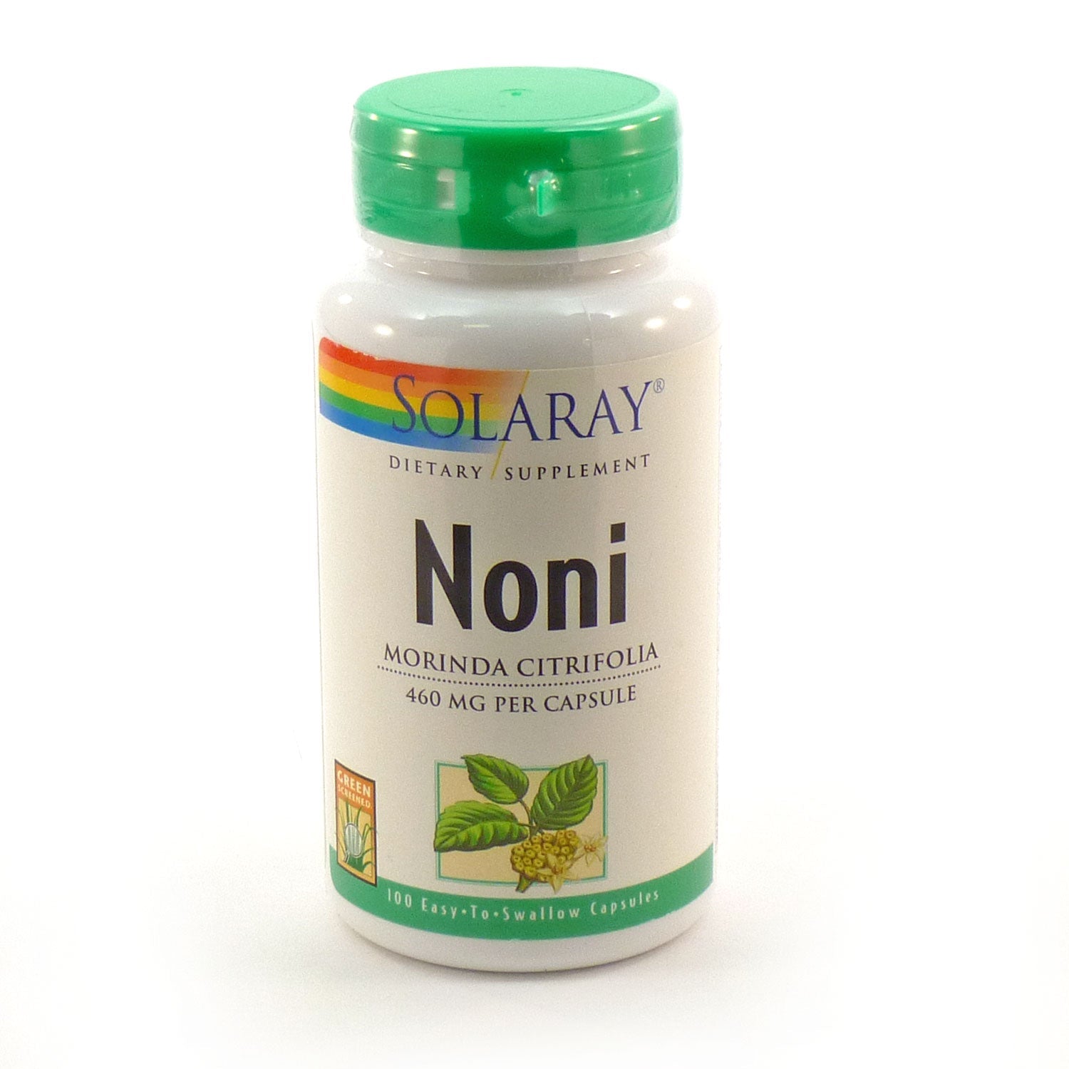 מוצרים בתמונה הם תוסף תזונה 'Noni' ממותג Solaray. בקופסה אחת יש 100 קפסולות, כל קפסולה מכילה 460 מ