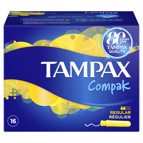 קופסת טמפונים TAMPAX קומפקט רגיל, מכילה 16 יח', עם עיצוב כחול וצהוב.