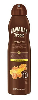 תרסיס הגנה מפני השמש Hawaiian Tropic, SPF 10, עם ריח קוקוס ומנגו. עמיד במים ומכיל שמנים טבעיים. תכולה: 180 מ