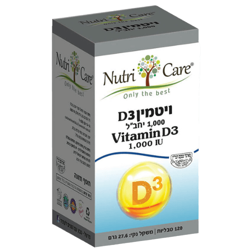 תוסף תזונה של ויטמין D3 מבית Nutri Care, 120 טבליות בריכוז של 1,000 IU.