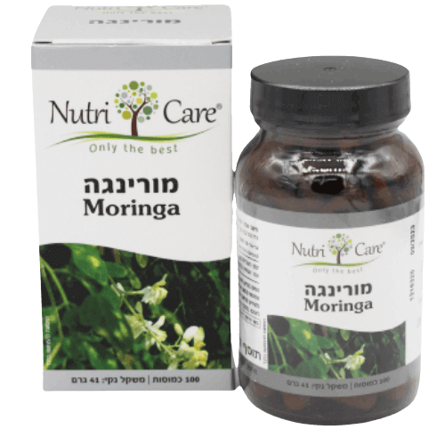 מוסף תזונה מורינגה של Nutri Care נמצא במיכל עם 100 כמוסות, משקל 41 גרם, לחיזוק מערכת החיסון ונוגדי חמצון.