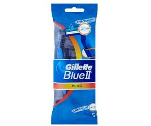 מכונת גילוח חד פעמית Gillette Blue II Plus, כולל חמישה ראשים באריזת שקית.