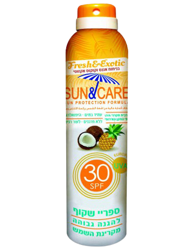 תרסיס הגנה מהשמש מסדרת SUN & CARE של המותג Fresh & Exotic. מוצר באיוד SPF 30, עמיד במים, ללא פרבנים, מכיל מרכיבים כמו קוקוס ואננס. מציע הגנה גבוהה מקרני UVB ו-UVA, קל לנשיאה, שקוף בהזעה ואינו דביק. מתאים לכל סוגי העור.