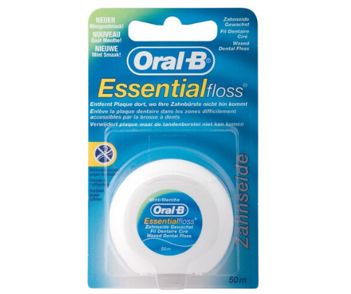 חוט דנטלי Oral-B Essential Floss באורך 50 מטר, מיועד להסרת פלאק באזורים קשים לגישה.