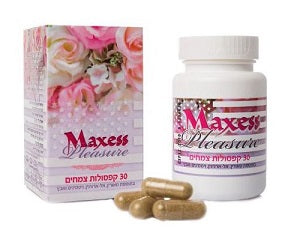 בתמונה יש קופסה של תוסף תזונה 'Pleasure' מבית 'Maxess', המכילה 30 כמוסות צמחיות זהב-חומות, באחסון בקבוק לבן עם מכסה לבן, מעוטרת בעיטורים ורודים ולבנים.