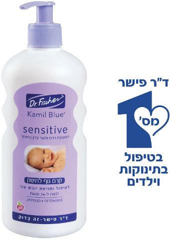 בקבוק עגול של תחליב גוף לתינוקות 'Kamil Blue sensitive', לבן עם פרטים סגולים, מכיל ויטמין E ופרו-ויטמין B5, היפואלרגני.