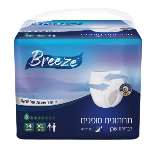 קופסה של חיתולים סופגים Breeze, מידה XL, מכילה 14 יחידות. מתאימים לילדים עם ספיגה גבוהה ונוחות לשימוש בלילה.