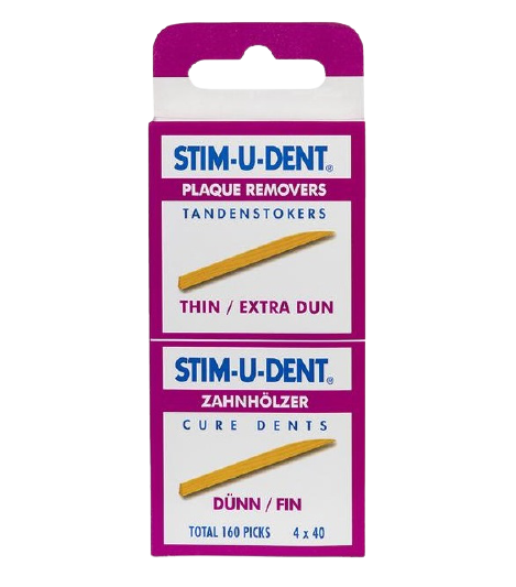 קופסה של קיסמי שיניים דקים STIM-U-DENT, מכילה 160 מקלות גמישים לניקוי פלאק ושמירה על היגיינת הפה.