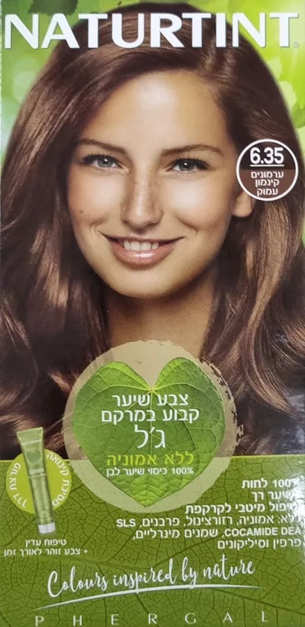 ערמונים קינמון עמוק, צבע שיער קבוע נטורטינט, ללא אמוניה, מיועד לכיסוי שיער לבן, גוון 6.35. מוצרי טיפוח איכותיים.