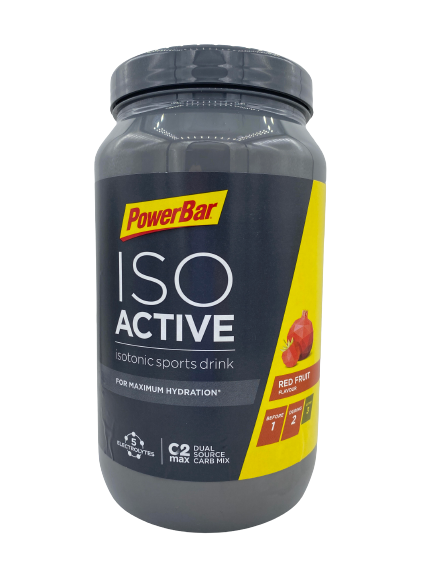 מיכל של משקה ספורט איזוטוני 'ISO ACTIVE' של PowerBar בטעם פירות אדומים