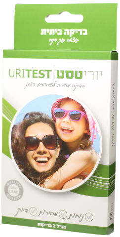 ערכת URITEST לבדיקה ביתית לזיהומים במערכת השתן, מכילה 2 בדיקות, עם עיצוב ירוק ולבן ותמונת נשים שמחות.