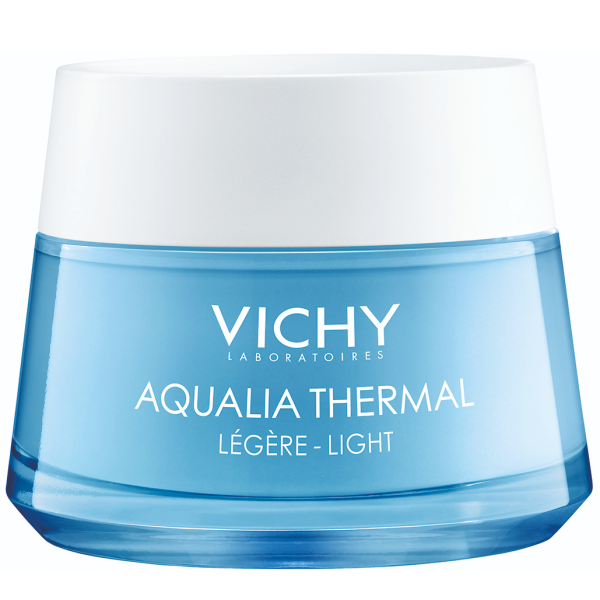 קרם לחות Aqualia Thermal של Vichy באריזת זכוכית כחולה עם מכסה לבן, נוסחה קלה, היפואלרגני וללא פראבן.