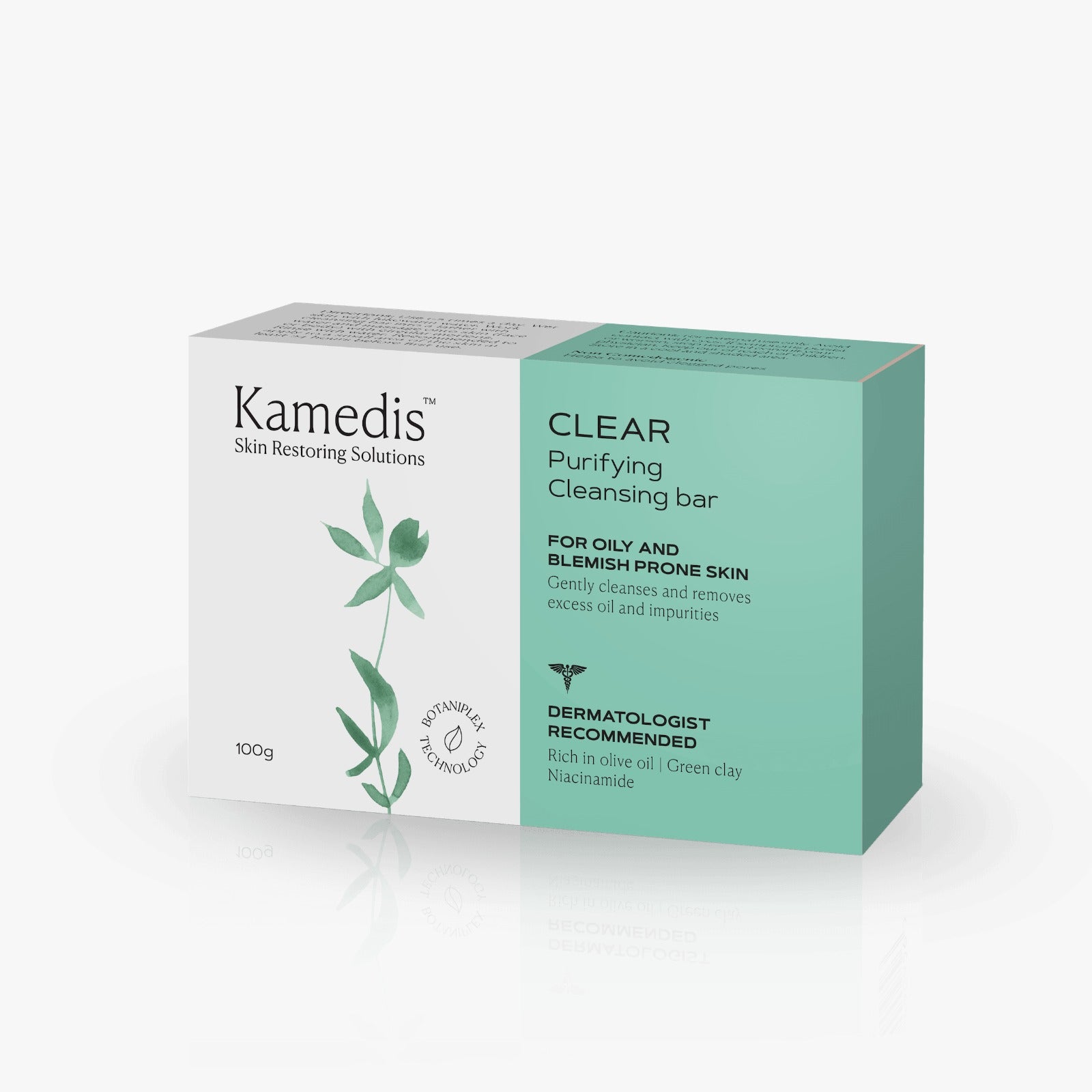 Kamedis Clear Purifying Cleansing Bar מיועד לעור שומני, מכיל חימר ירוק וניאצינמיד, מנקה בעדינות ומסיר שומנים וזיהומים.