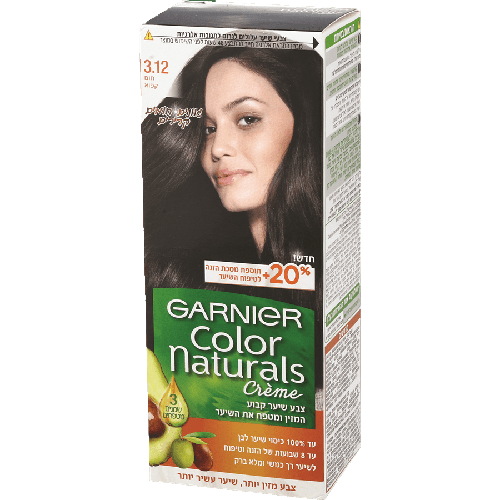 צבע שיער Garnier Color Naturals גוון 3.12 (שחור חום כהה) מכסה 100% שיער לבן, מעניק ברק ומשתמש בשמנים מזינים.