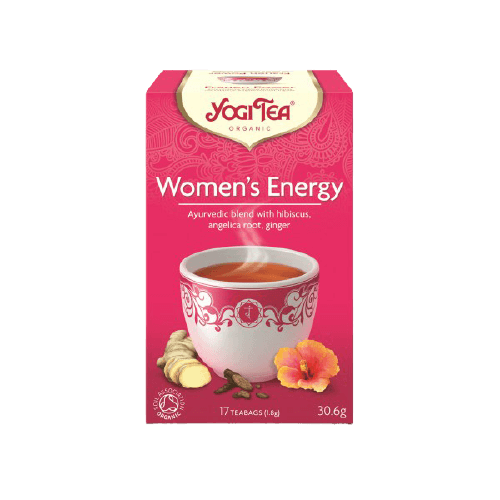 קופסת תה מתוצרת Yogi Tea בשם 'Women's Energy'. הקופסה מכילה 17 שקיקים של תה אורגני, משקל כולל של 30.6 גרם.