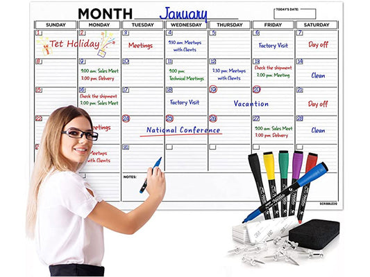 Vinsetto 35X23 Dry Erase Wall Calendar Glass Whiteboard Monthly Planner for Homeschool Supplies & Home Office Organization with 4 Markers and 1
