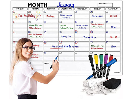 Scribbledo Large Dry Erase Monthly Wall Calendar 36 x 24 Big Reusable Schedule Planner Includes 4 Markers 1 Eraser and Mounting Tape